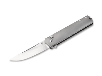 Boker Kwaiken Push Button Flipper Folding Knife Grey Titanium Handle S35VN Plain Edge 01BO619