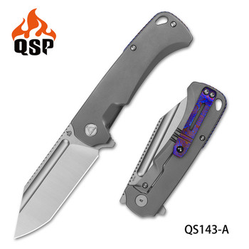 QSP Rhino Folding Knife Bead Blast Titanium Handle M390 Plain Edge Satin Finish QS143-A