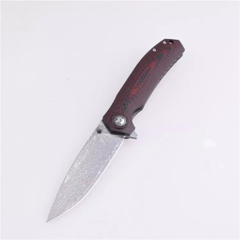 Shieldon Charkos Folding Knife Red G10/Carbon Fiber Handle 9Cr18MoV/Damascus Drop Point Plain Edge 7092D1