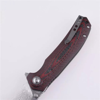 Shieldon Charkos Folding Knife Red G10/Carbon Fiber Handle 9Cr18MoV/Damascus Drop Point Plain Edge 7092D1