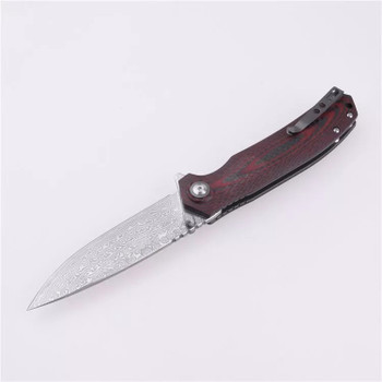 Shieldon Charkos Folding Knife Red G10/Carbon Fiber Handle 9Cr18MoV/Damascus Drop Point Plain Edge 7092D1