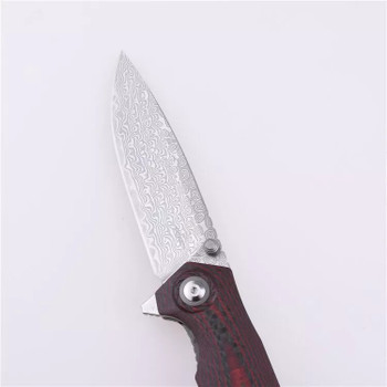 Shieldon Charkos Folding Knife Red G10/Carbon Fiber Handle 9Cr18MoV/Damascus Drop Point Plain Edge 7092D1