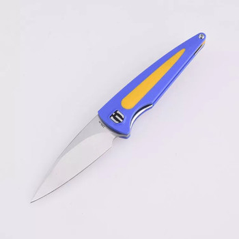 Discontinued Shieldon Colibri Folding Knife Blue/Yellow Double G10 Handle 154CM Drop Point Plain Edge Stonewash Finish MT01A