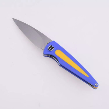 Discontinued Shieldon Colibri Folding Knife Blue/Yellow Double G10 Handle 154CM Drop Point Plain Edge Stonewash Finish MT01A