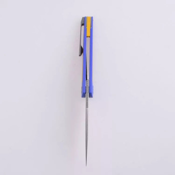 Discontinued Shieldon Colibri Folding Knife Blue/Yellow Double G10 Handle 154CM Drop Point Plain Edge Stonewash Finish MT01A