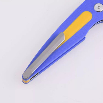 Discontinued Shieldon Colibri Folding Knife Blue/Yellow Double G10 Handle 154CM Drop Point Plain Edge Stonewash Finish MT01A