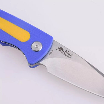 Discontinued Shieldon Colibri Folding Knife Blue/Yellow Double G10 Handle 154CM Drop Point Plain Edge Stonewash Finish MT01A