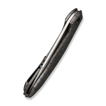 WE Merata Folding Knife Tiger Stripe Flamed Titanium Handle 20CV Trailing Point Plain Edge Hand Rubbed Satin Finish Limited Edition WE22008A-3