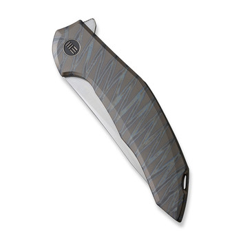 WE Merata Folding Knife Tiger Stripe Flamed Titanium Handle 20CV Trailing Point Plain Edge Hand Rubbed Satin Finish Limited Edition WE22008A-3