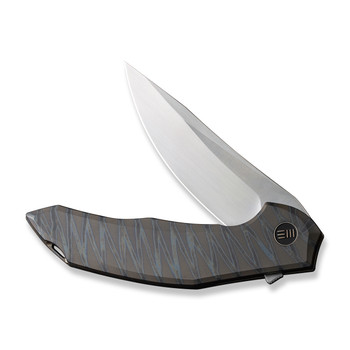 WE Merata Folding Knife Tiger Stripe Flamed Titanium Handle 20CV Trailing Point Plain Edge Hand Rubbed Satin Finish Limited Edition WE22008A-3