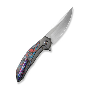 WE Merata Folding Knife Color Titanium/Nebula Fat Carbon Fiber Handle 20CV Trailing Point Plain Edge Hand Rubbed Satin Finish Limited Edition WE22008B-2