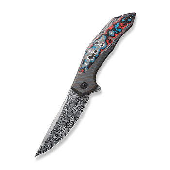 WE Merata Folding Knife Tiger Stripe Pattern Flamed Color Titanium/Nebula Fat Carbon Fiber Handle Damasteel Trailing Point Plain Edge Limited Edition WE22008B-DS1 WE Merata Folding Knife Tiger Stripe Pattern Flamed Color Titanium/Nebula Fat Carbon Fiber Handle Damasteel Trailing Point Plain Edge Limited Edition WE22008B-DS1