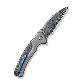 WE Ziffius Folding Knife Gray/Blue Titanium/Twill Carbon Fiber Inlay Handle Damasteel Wharncliffe Plain Edge Limited Edition WE22024A-DS1