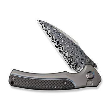WE Ziffius Folding Knife Gray/Blue Titanium/Twill Carbon Fiber Inlay Handle Damasteel Wharncliffe Plain Edge Limited Edition WE22024A-DS1