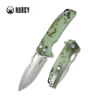 Kubey RDF Button Lock Folding Knife Camo G10 Handle AUS-10 Spear Point Plain Edge Beadblast Finish KU316C