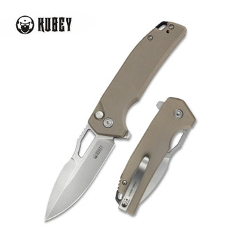 Kubey RDF Button Lock Folding Knife Tan G10 Handle AUS-10 Spear Point Plain Edge Beadblast Finish KU316D