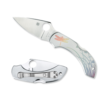 Spyderco Dragonfly Tattoo Plain Edge Folding Knife VG10 Blade Poly-Chromatic Etched Stainless Steel Handle C28PT