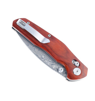 Bestech Ronan Folding Knife Red Rosewood Handle Damascus Plain Edge Acid Etched Finish BMK02L