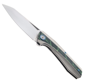 Ketuo Telson Flipper Folding Knife Titanium/Green G10-Damascus Handle M390 Drop Point Plain Edge