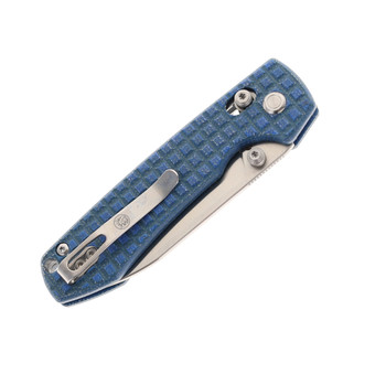 WMK Exclusive Vosteed Raccoon Crossbar Lock Folding Knife Blue Micarta Frag Handle 14C28N Plain Edge Satin Finish RCCWM2