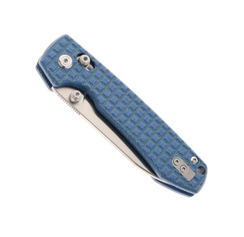 WMK Exclusive Vosteed Raccoon Crossbar Lock Folding Knife Blue Micarta Frag Handle 14C28N Plain Edge Satin Finish RCCWM2