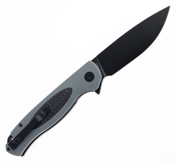 Petrified Fish Flipper Folding Knife Carbon Fiber/Gray G10 Handle D2 Plain Edge Black Stonewash Finish B03-GADW