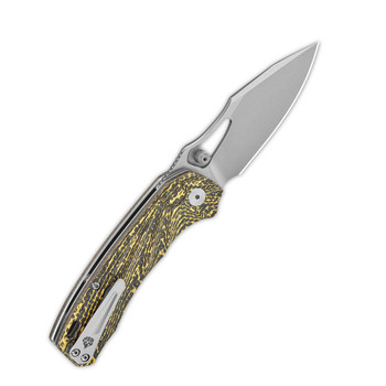 QSP Hornbill Folding Knife Golden Carbon Fiber Handle S35VN Plain Edge Stonewash Finish QS146-A1