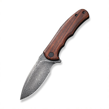 Civivi Mini Praxis Folding Knife Guibourtia Wood Handle Damascus Plain Edge Drop Point Black Hand Rubbed Finish C18026C-DS1