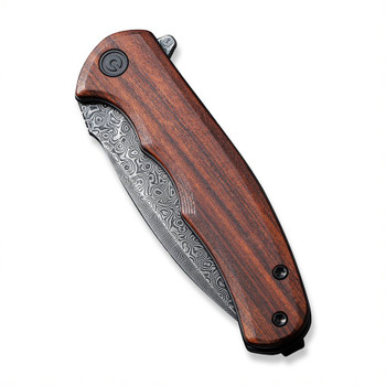 Civivi Mini Praxis Folding Knife Guibourtia Wood Handle Damascus Plain Edge Drop Point Black Hand Rubbed Finish C18026C-DS1