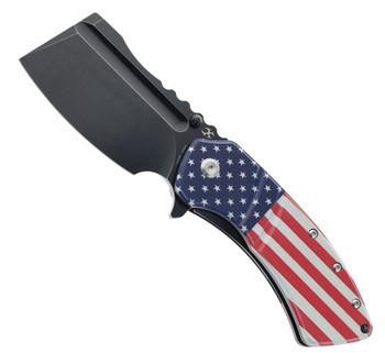 Kansept XL Korvid Folding Knife Black G10/American Flag Handle 154CM Plain Edge Black Stonewash Finish T1030B1