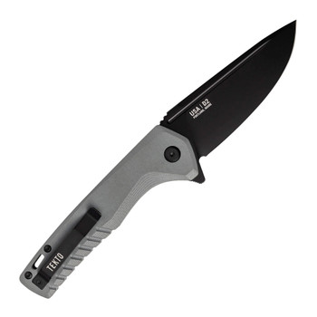 Tekto F3 Charlie Button Lock Folding Knife Gray G10 Handle D2 Drop Point Plain Black Blade