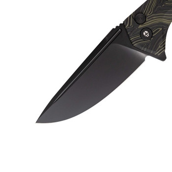 Tekto F3 Charlie Button Lock Folding Knife Green/Black Gmascus Handle D2 Drop Point Plain Black Blade
