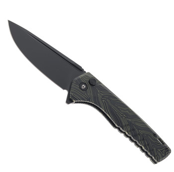 Tekto F3 Charlie Button Lock Folding Knife Green/Black Gmascus Handle D2 Drop Point Plain Black Blade