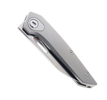 Modern pocket knife featuring pale handle scales and smooth cutting edge
