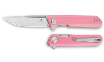 Bestechman Mini Dundee Folding Knife Pink G10 Handle D2 Plain Edge Stonewash/Satin BMK03B