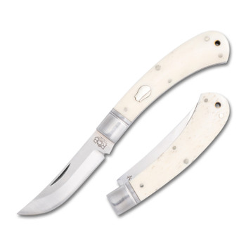 RoseCraft Little Riverbend Skinner Folding Knife White Smooth Bone Handle D2 Upswept Plain Edge Satin Finish RCT001