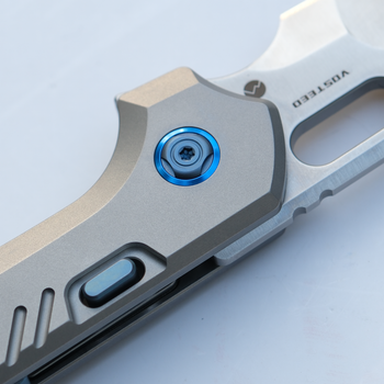 (Sold out) WMK Exclusive Vosteed RSKAOS Folding Knife Gray Titanium Handle w/ Blue Hardware Elmax Wharncliffe Blade