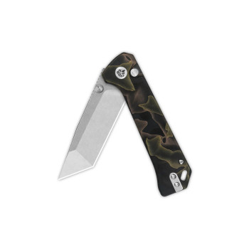 Discontinued QSP Grebe T Button Lock Folding Knife Black/Green Raffir Resin Handle S35VN Tanto Plain Edge QS148-F1