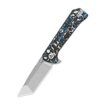Discontinued QSP Grebe T Button Lock Folding Knife Black/Blue Carbon Fiber Handle S35VN Tanto Plain Edge QS148-H1