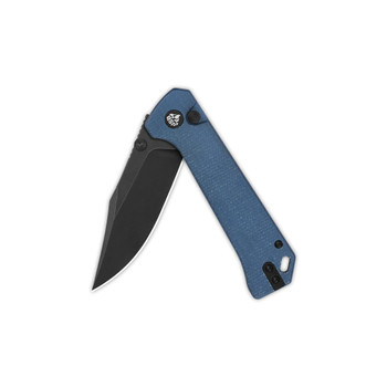 QSP Grebe Button Lock Folding Knife Blue Micarta Handle 14C28N Clip Point Plain Black Blade QS147B-2