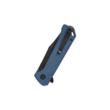 QSP Grebe Button Lock Folding Knife Blue Micarta Handle 14C28N Clip Point Plain Black Blade QS147B-2