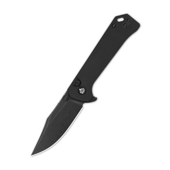 QSP Grebe Button Lock Folding Knife Black G10 Handle 14C28N Clip Point Plain Black Blade QS147C-2