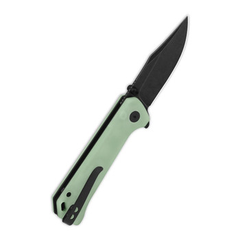 QSP Grebe Button Lock Folding Knife Jade G10 Handle 14C28N Clip Point Plain Black Blade QS147D-2