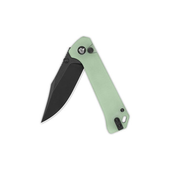 QSP Grebe Button Lock Folding Knife Jade G10 Handle 14C28N Clip Point Plain Black Blade QS147D-2