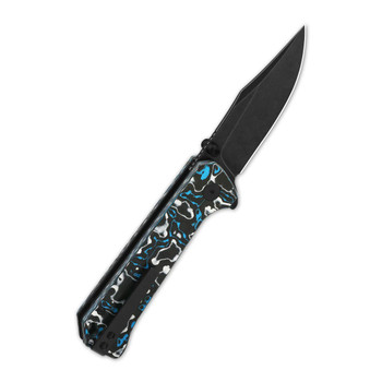 QSP Grebe Button Lock Folding Knife Black/Blue/White Carbon Fiber Handle S35VN Clip Point Plain Black Blade QS147-H2