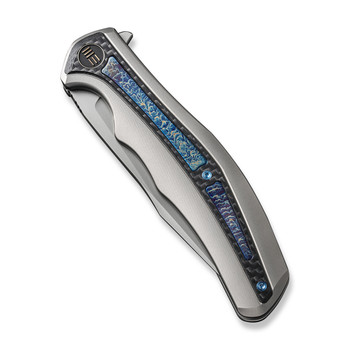 WE Zonda Folding Knife Gray Titanium/Twill Carbon Fiber/Flamed Titanium Inlay Handle 20CV Clip Point Plain Edge Silver Bead Blast Finish WE22016-2 WE Zonda Folding Knife Gray Titanium/Twill Carbon Fiber/Flamed Titanium Inlay Handle 20CV Clip Point Plain Edge Silver Bead Blast Finish WE22016-2