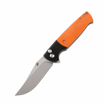 Kansept Shikari Button Lock Folding Knife Black Aluminum/Orange G10 Handle 154CM Plain Edge Stonewash Finish T2027B2