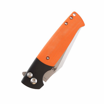 Kansept Shikari Button Lock Folding Knife Black Aluminum/Orange G10 Handle 154CM Plain Edge Stonewash Finish T2027B2
