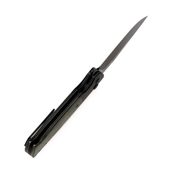 Kansept Shikari Button Lock Folding Knife Black Aluminum/Green Micarta Handle 154CM Plain Edge Black Stonewash Finish T2027B3