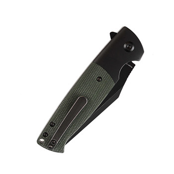 Kansept Shikari Button Lock Folding Knife Black Aluminum/Green Micarta Handle 154CM Plain Edge Black Stonewash Finish T2027B3